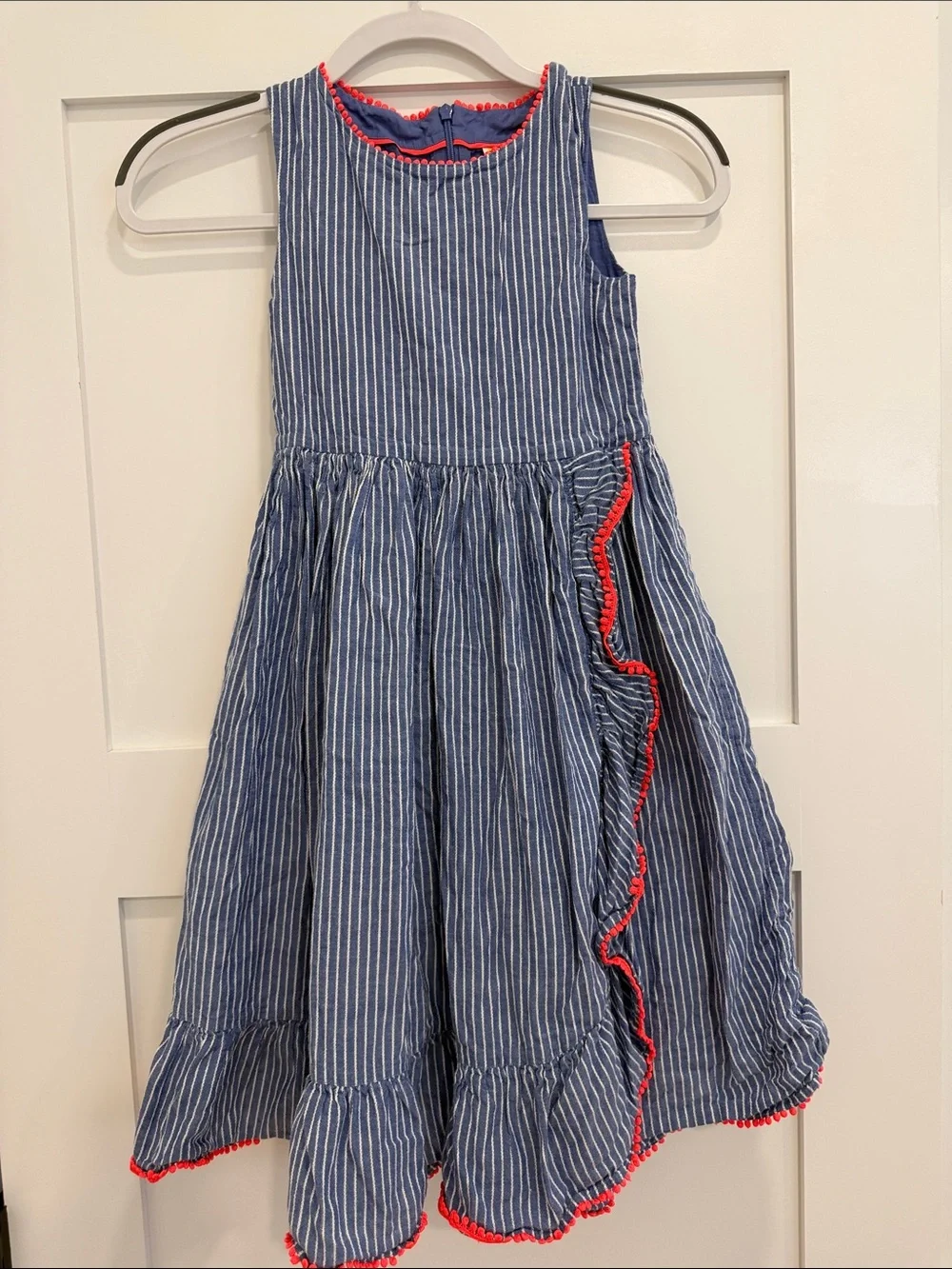 Mini Boden Blue and White Striped Sundress with Red Trim 7-8 Girls